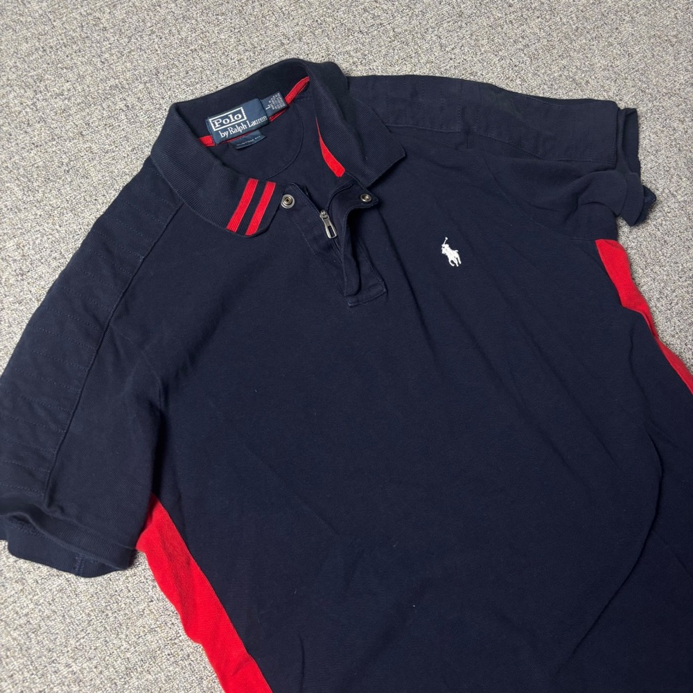 Polo Ralph Lauren Rugby Shirt Mens L Custom Fit Navy Blue Red Side Stripe Zip